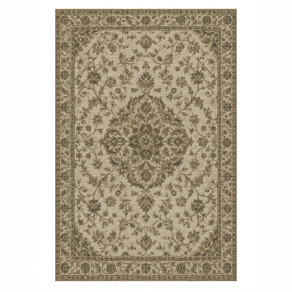 Vintage Botanical Black Antique Gold Washable Rug — top view