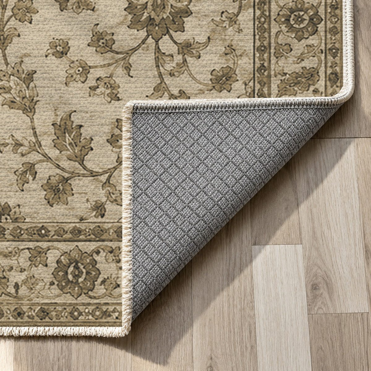 Vintage Botanical Black Antique Gold Washable Rug — backing close up