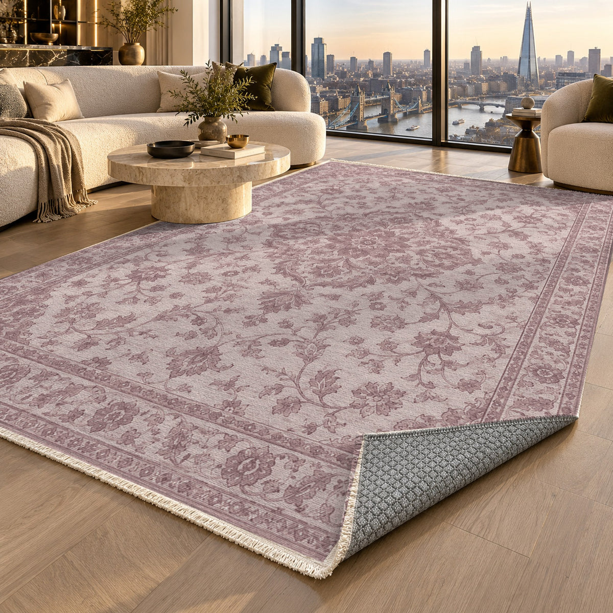 Vintage Botanical Blush Taupe Washable Rug — london luxury living