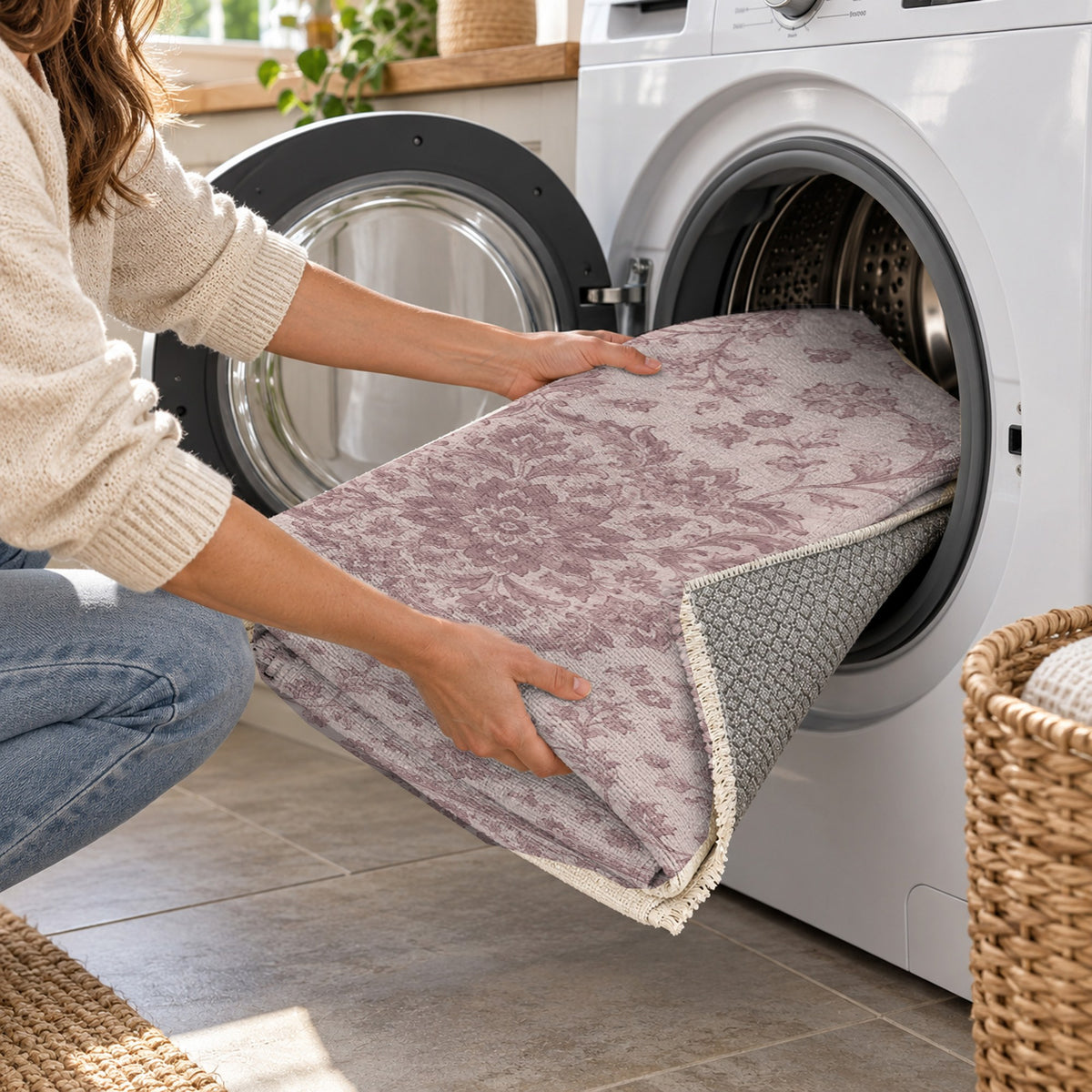 Vintage Botanical Blush Taupe Washable Rug — washing machine