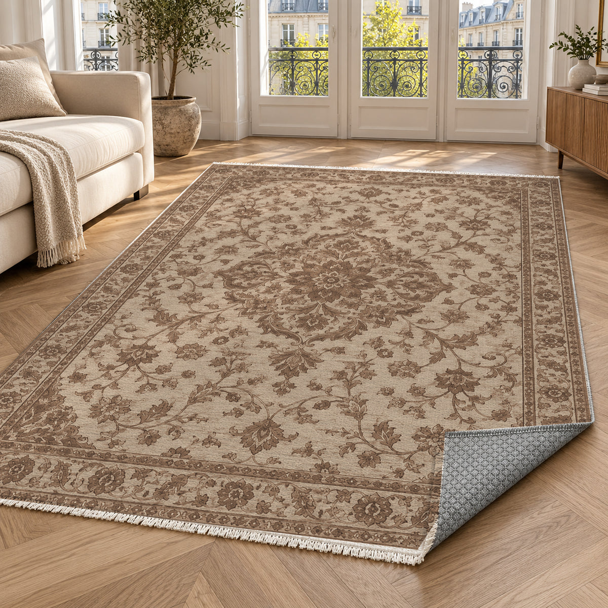 Vintage Botanical Mocha Cream Washable Rug — paris living