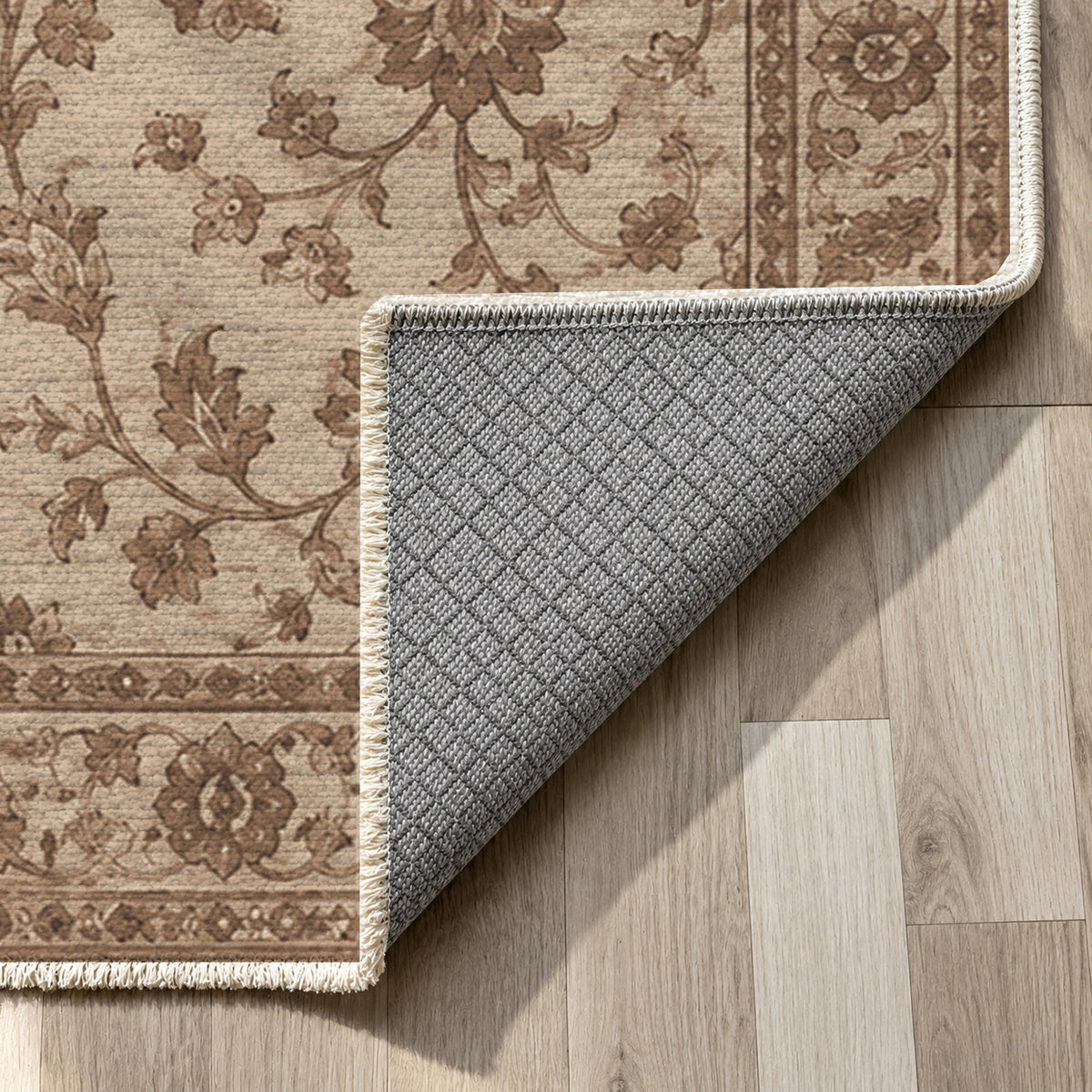 Vintage Botanical Mocha Cream Washable Rug — backing close up
