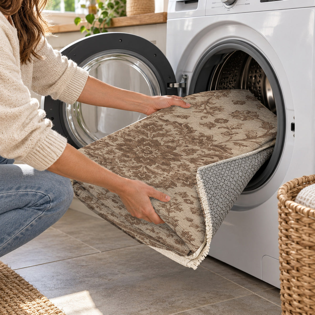 Vintage Botanical Mocha Cream Washable Rug — washing machine