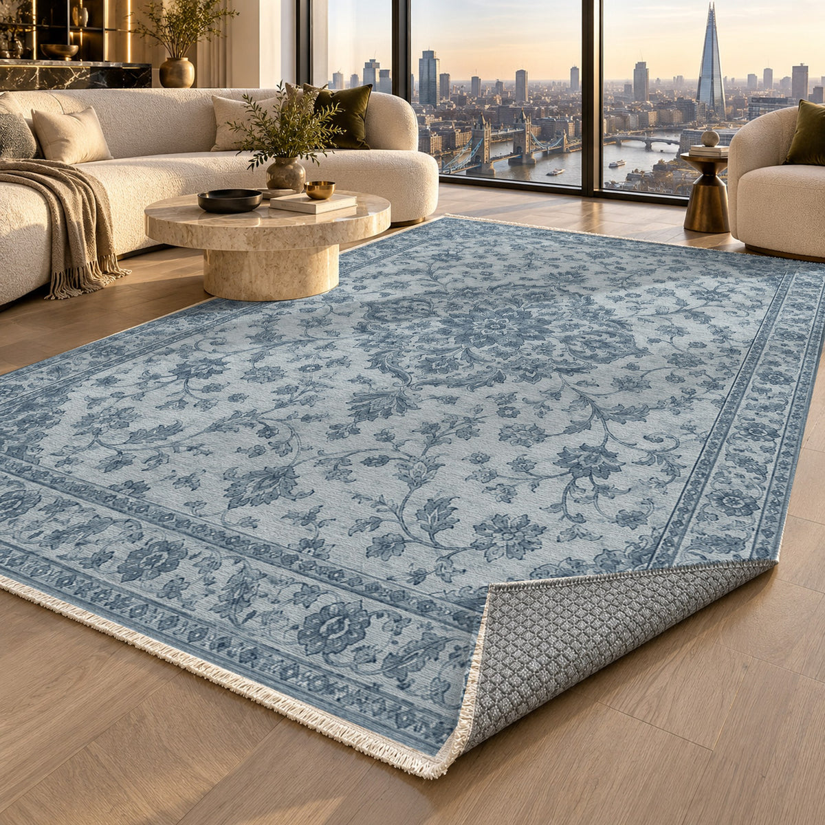 Vintage Botanical Navy Pearl Washable Rug — london luxury living