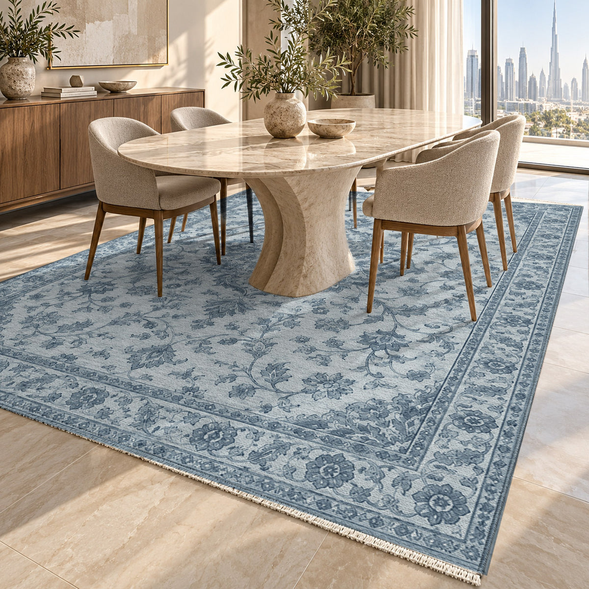 Vintage Botanical Navy Pearl Washable Rug — dubai dining