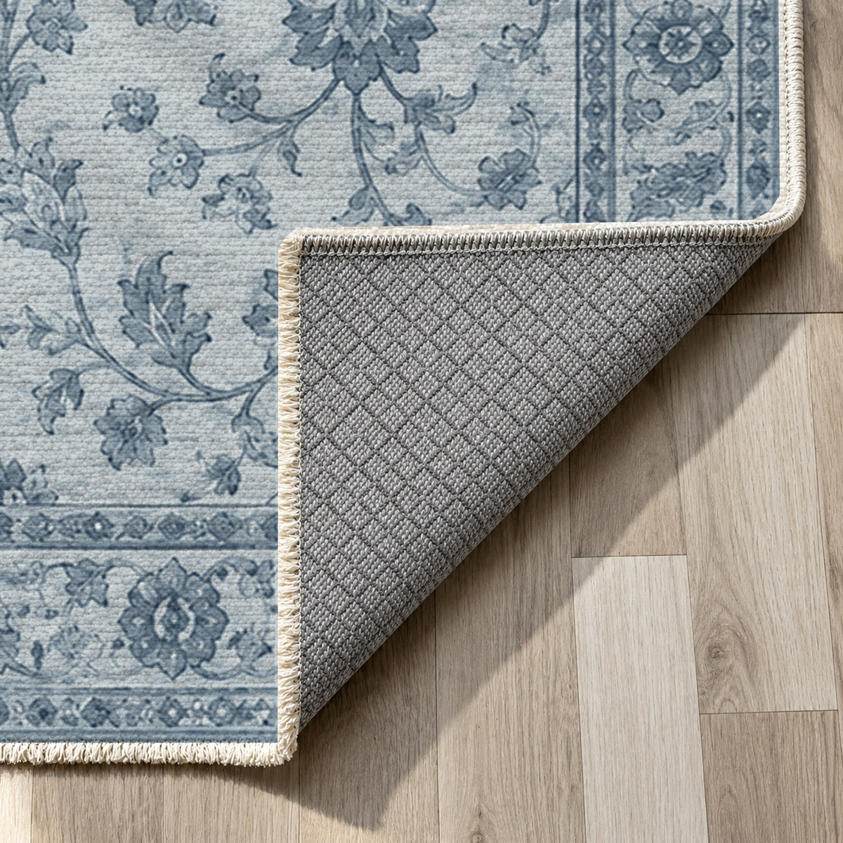Vintage Botanical Navy Pearl Washable Rug — backing close up