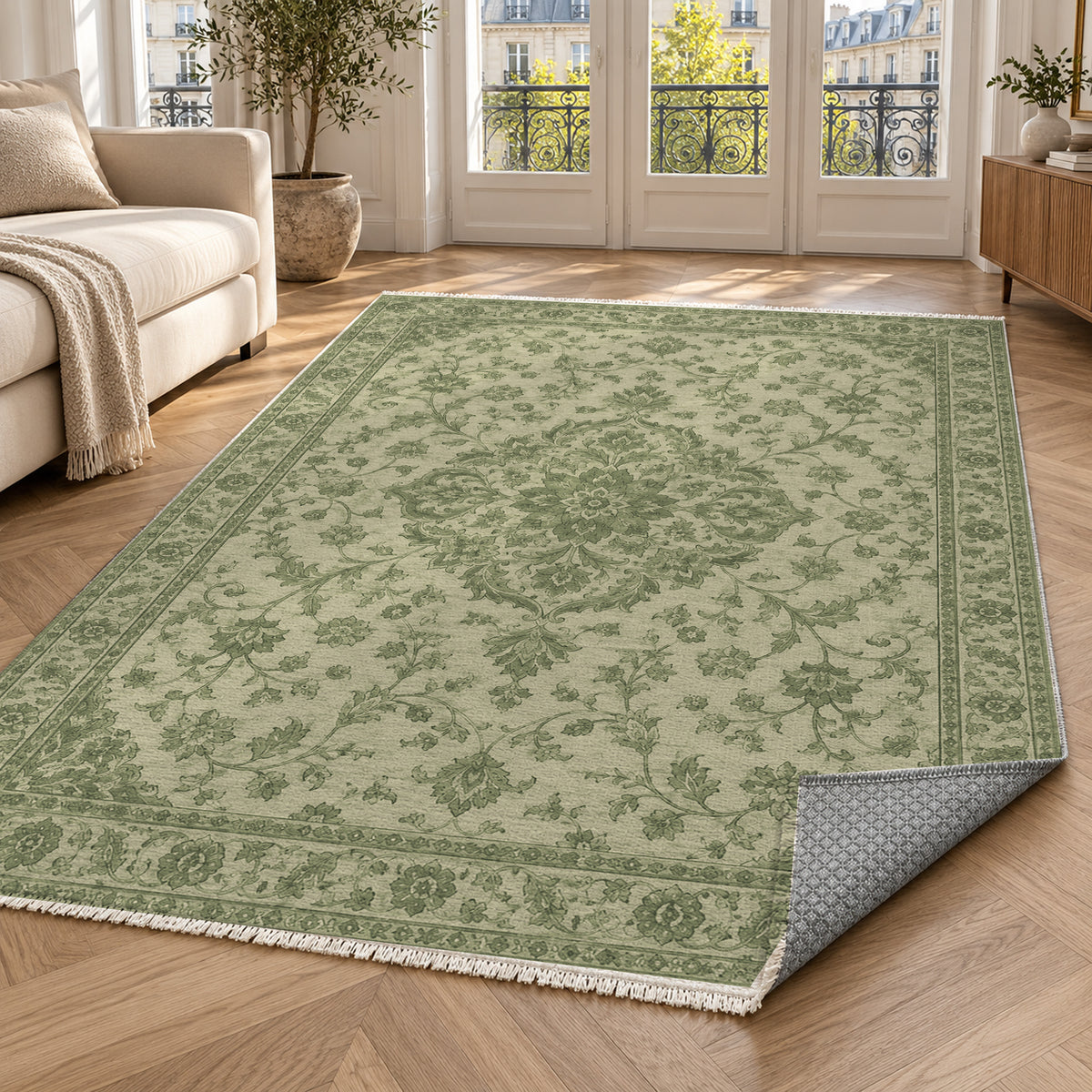 Vintage Botanical Olive Sand Washable Rug — paris living