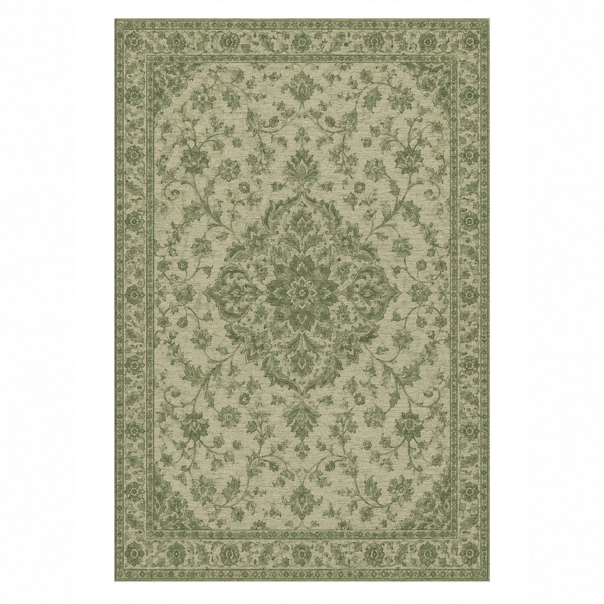 Vintage Botanical Olive Sand Washable Rug — top view
