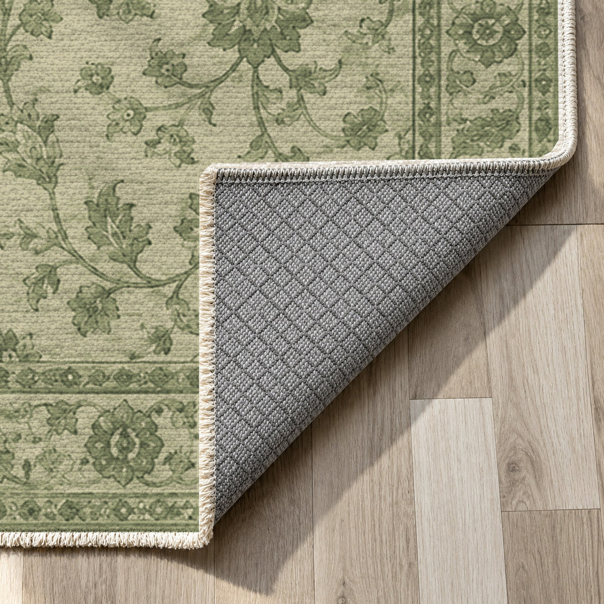 Vintage Botanical Olive Sand Washable Rug — backing close up