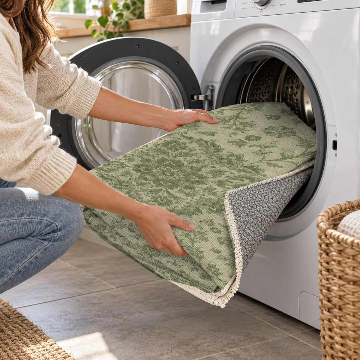Vintage Botanical Olive Sand Washable Rug — washing machine