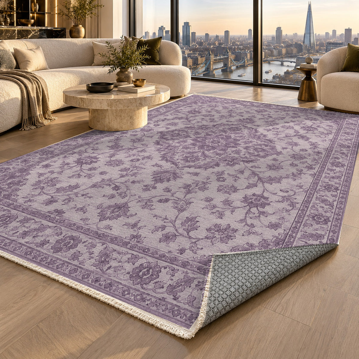 Vintage Botanical Plum Sand Washable Rug — london luxury living