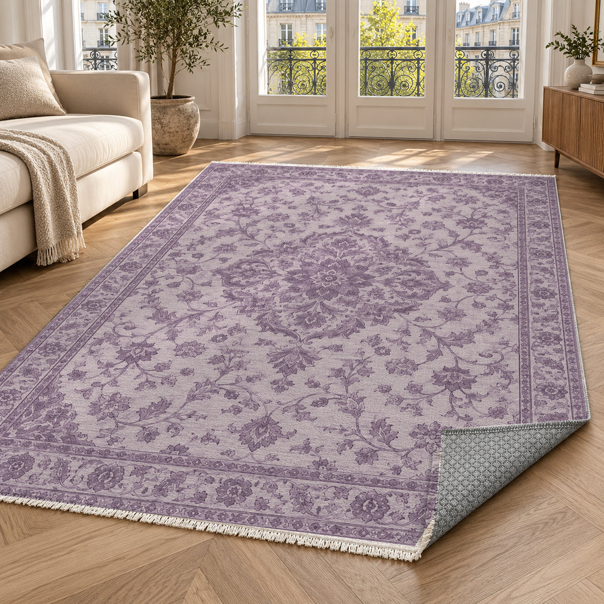 Vintage Botanical Plum Sand Washable Rug — paris living