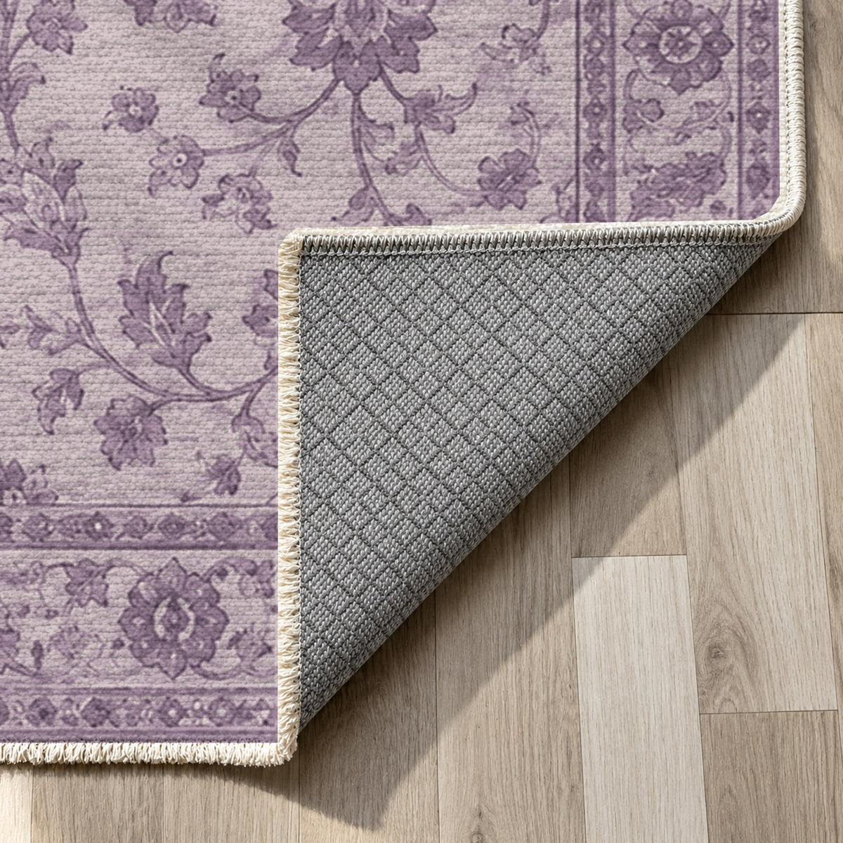 Vintage Botanical Plum Sand Washable Rug — backing close up