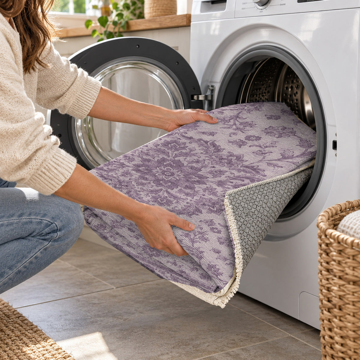 Vintage Botanical Plum Sand Washable Rug — washing machine