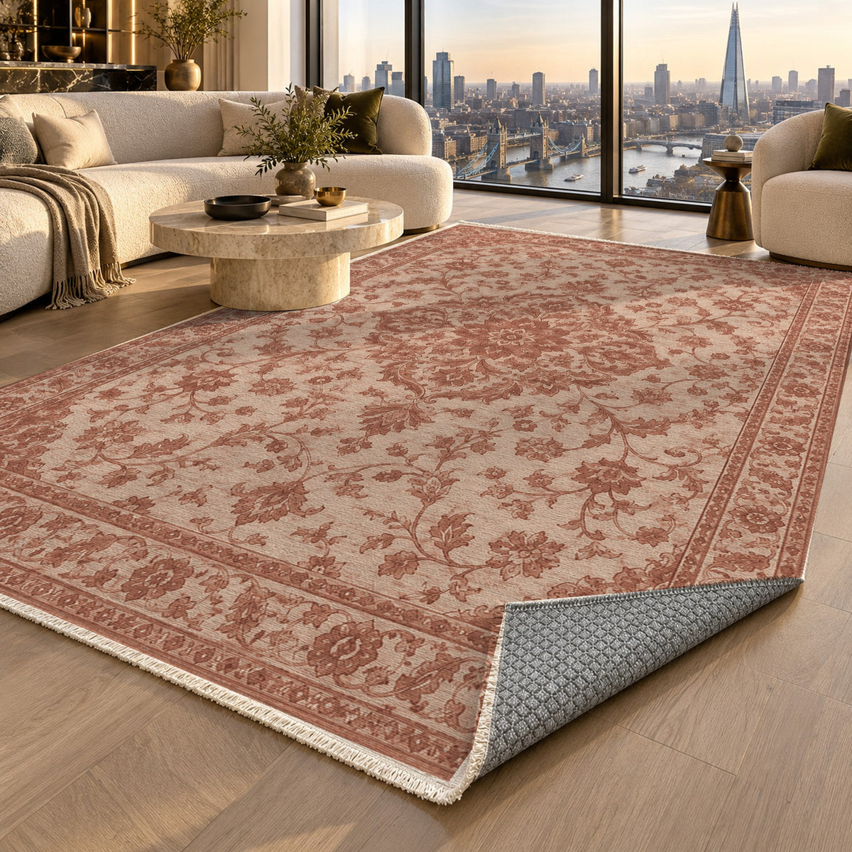 Vintage Botanical Rust Cream Washable Rug — london luxury living