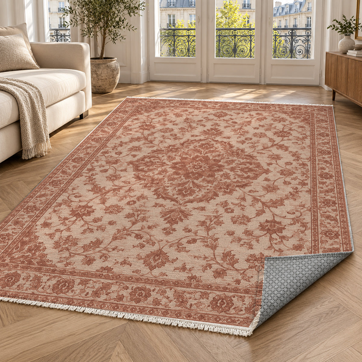 Vintage Botanical Rust Cream Washable Rug — paris living