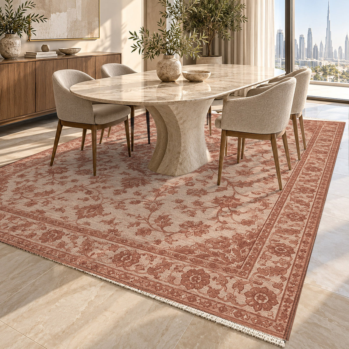 Vintage Botanical Rust Cream Washable Rug — dubai dining