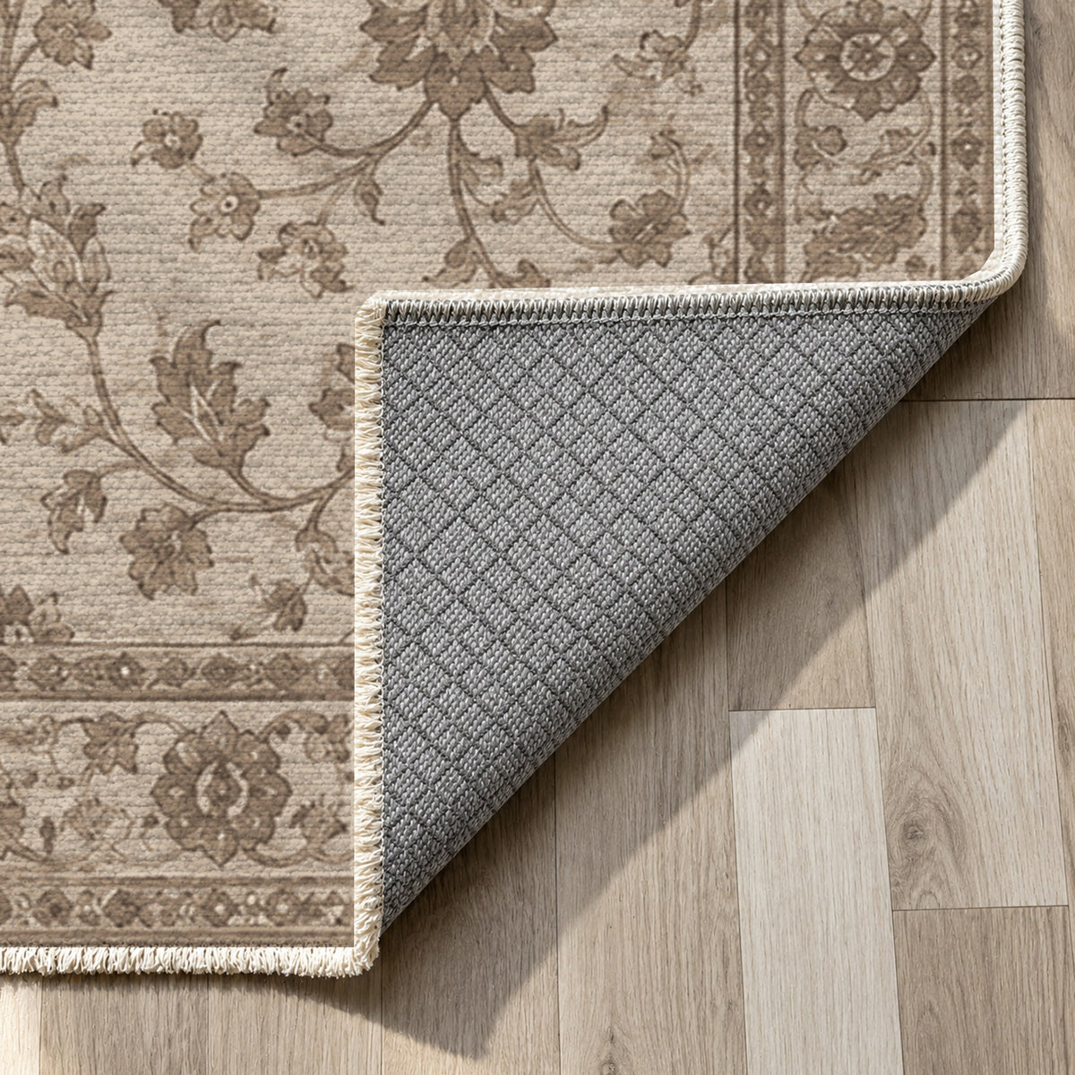 Vintage Botanical Warm Beige Taupe Washable Rug — backing close up