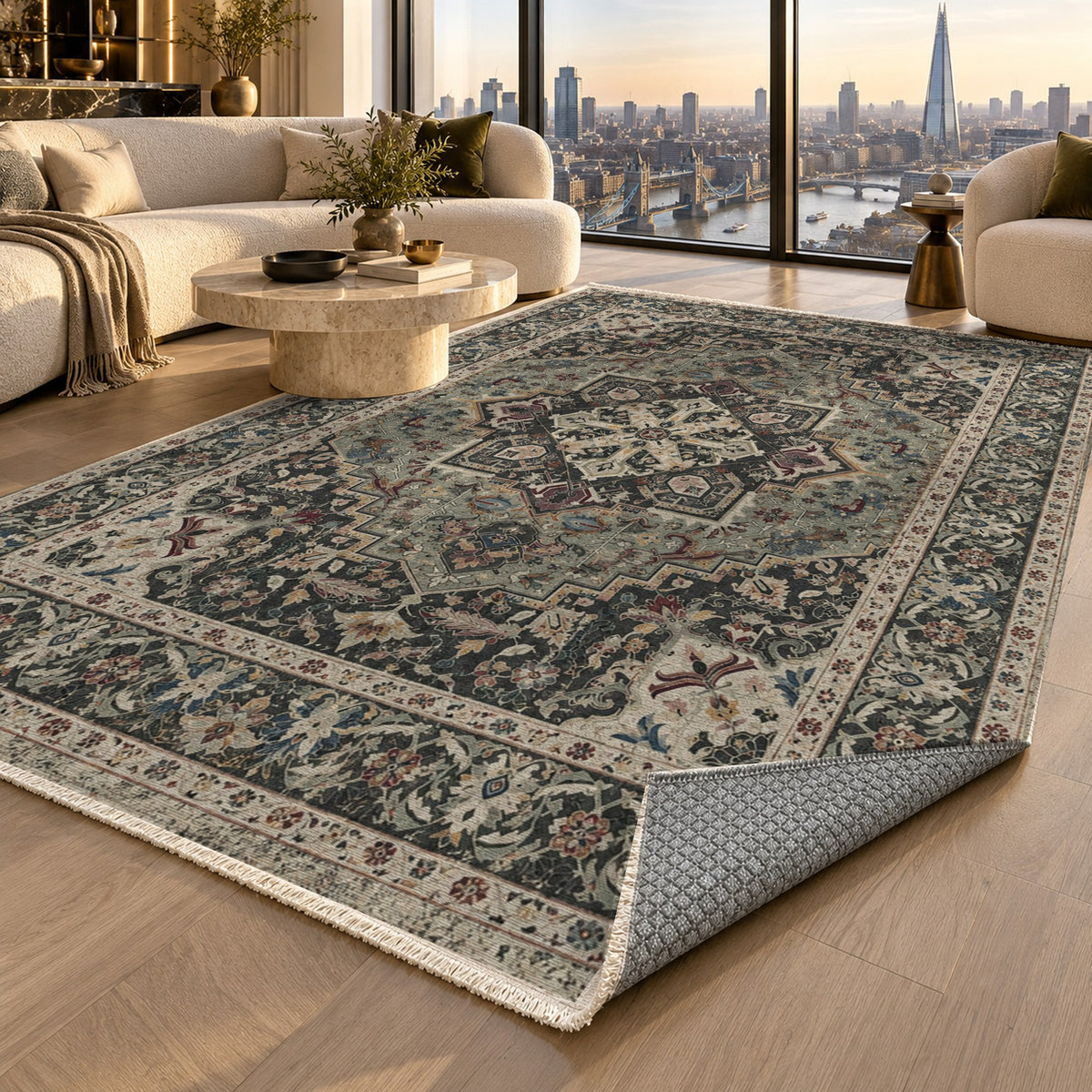 Vintage Heriz Black Washable Rug — london luxury living