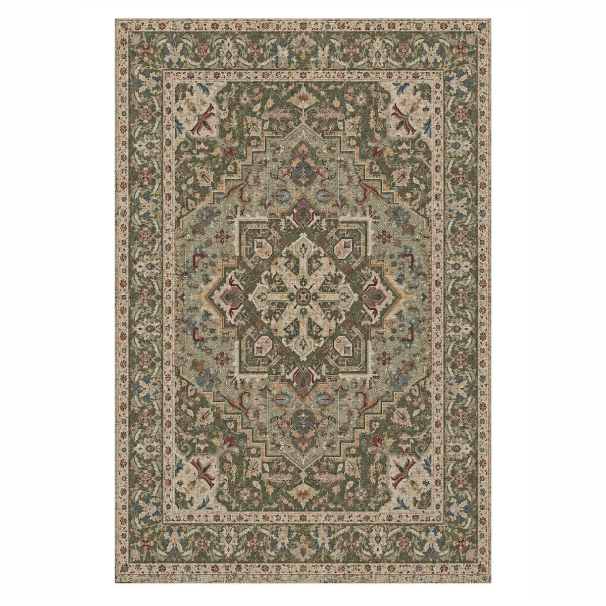 Vintage Heriz Khaki Green Washable Rug — top view
