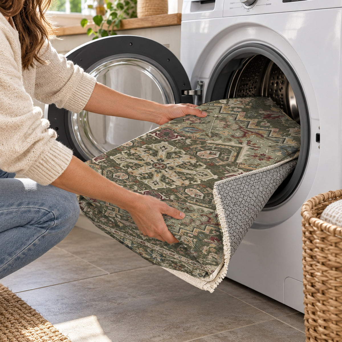 Vintage Heriz Khaki Green Washable Rug — washing machine