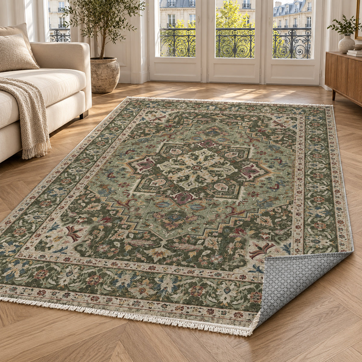 Vintage Heriz Olive Green Washable Rug — paris living