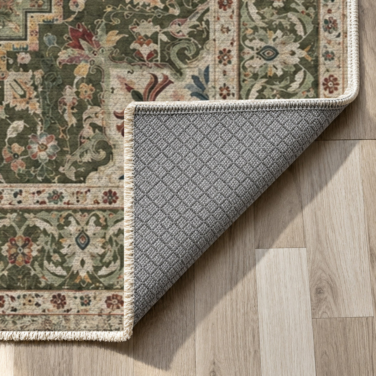 Vintage Heriz Olive Green Washable Rug — backing close up