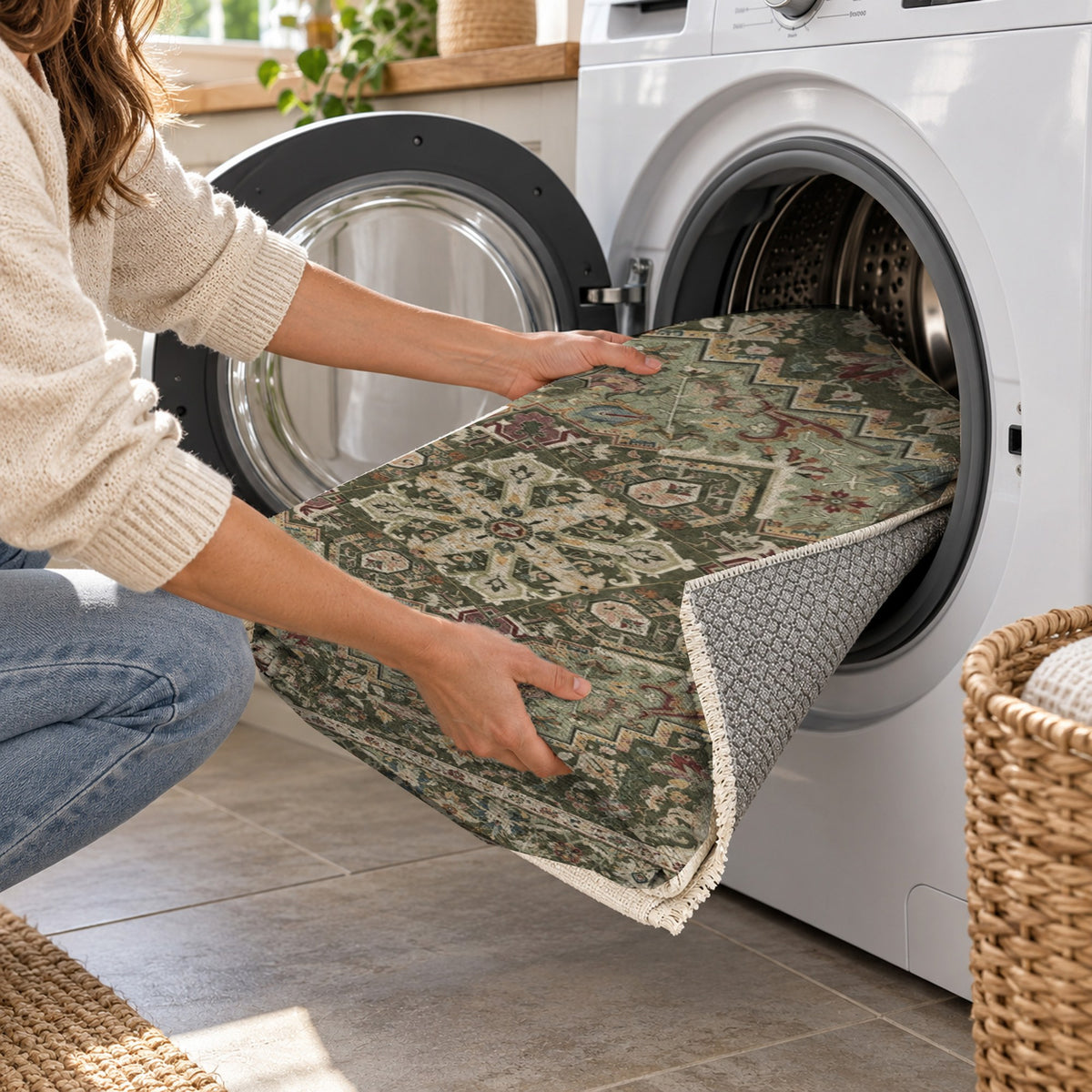 Vintage Heriz Olive Green Washable Rug — washing machine