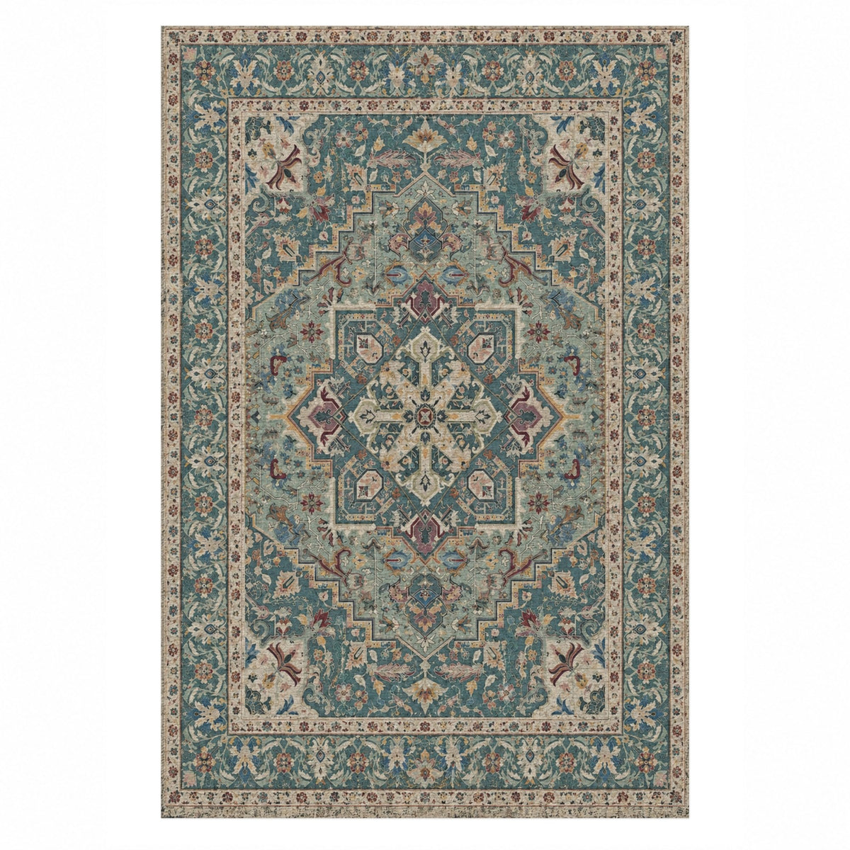 Vintage Heriz Turquoise Washable Rug — top view