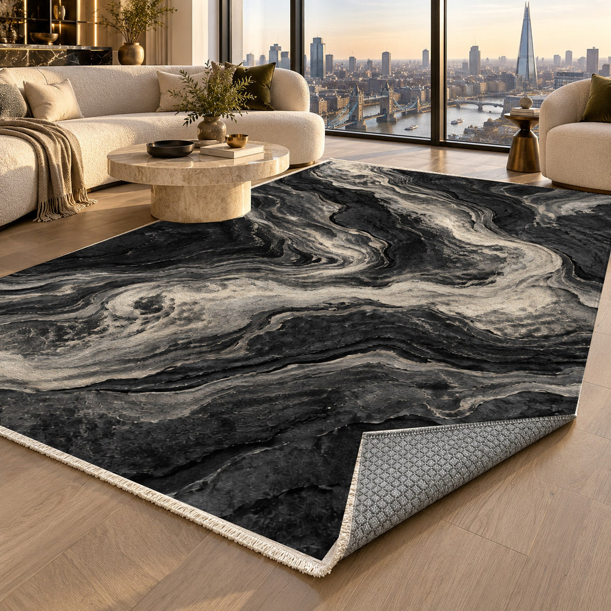Volcanic Flow Charcoal Abstract Washable Rug — london luxury living