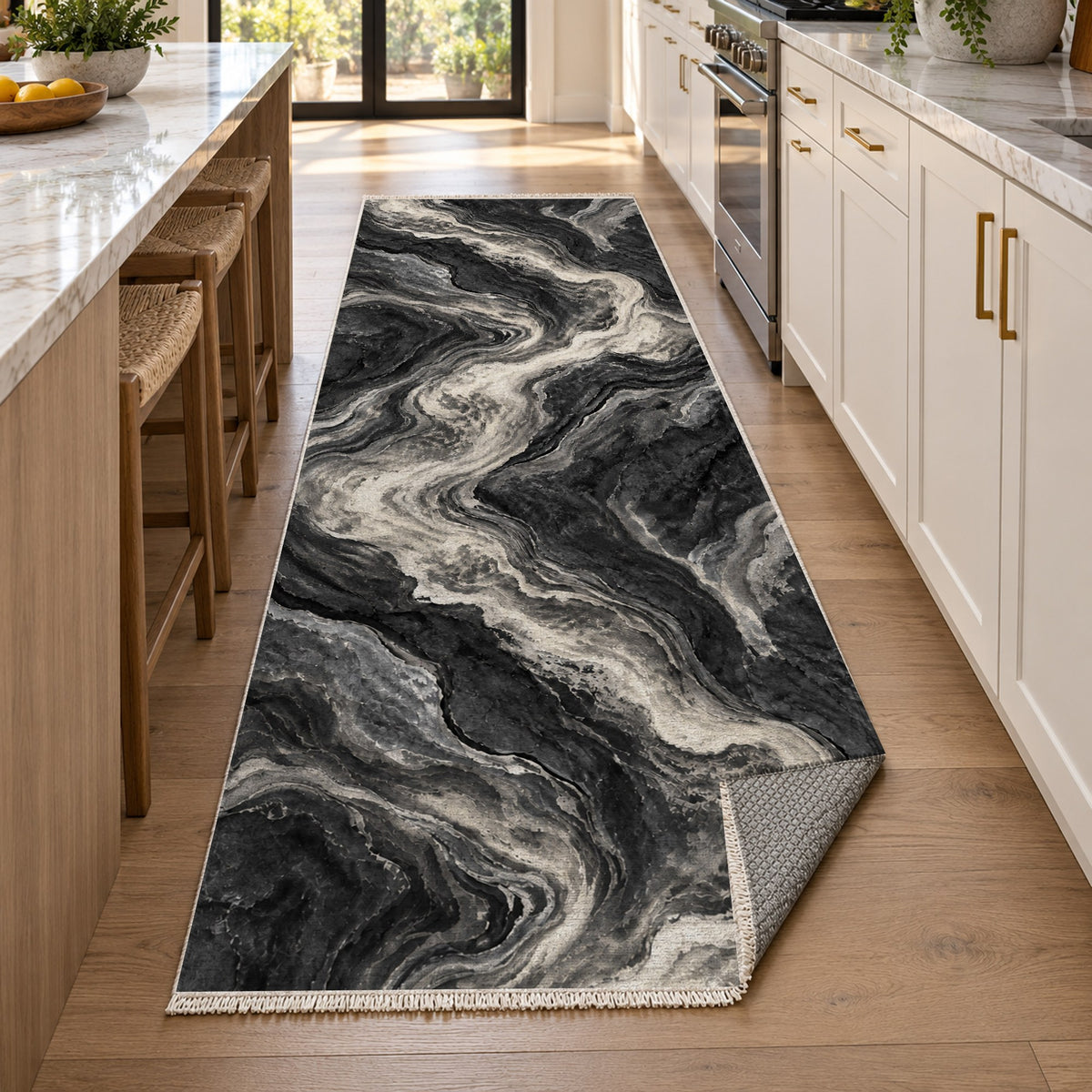 Volcanic Flow Charcoal Abstract Washable Rug — new york kitchen runner