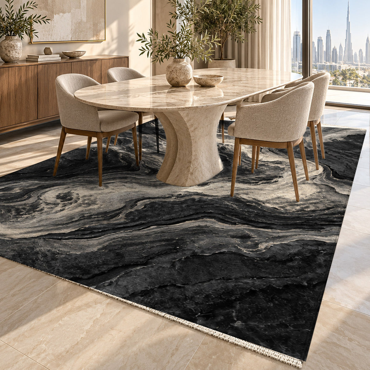 Volcanic Flow Charcoal Abstract Washable Rug — dubai dining