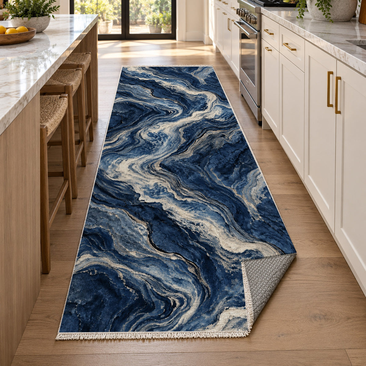 Volcanic Flow Indigo Abstract Washable Rug — new york kitchen runner