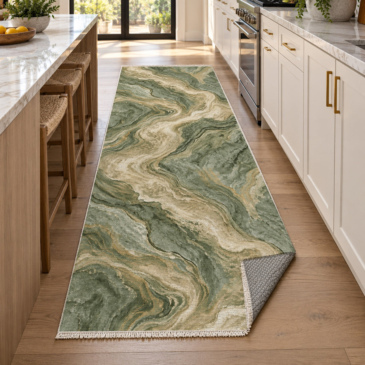Volcanic Flow Sage Abstract Washable Rug — new york kitchen runner