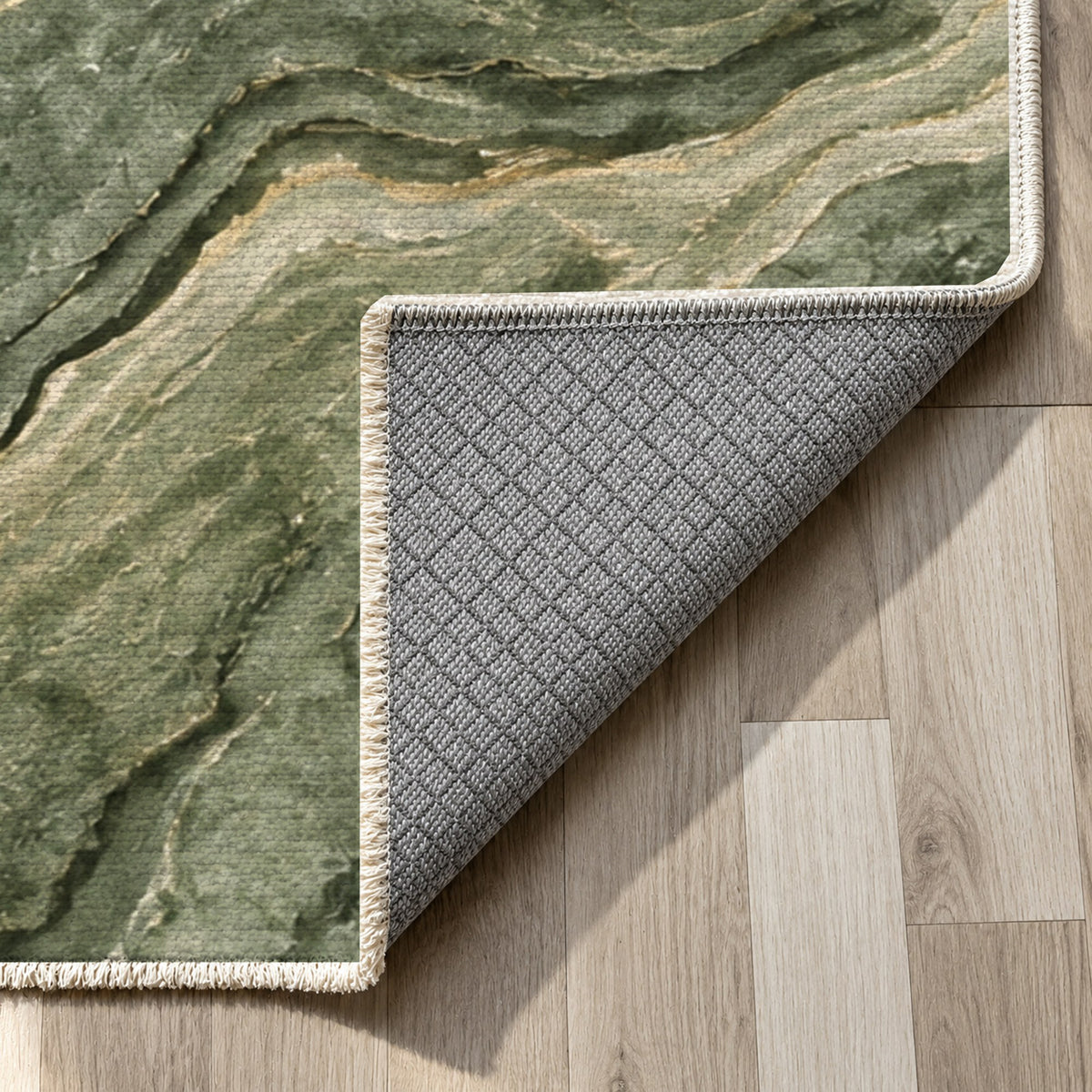 Volcanic Flow Sage Abstract Washable Rug — backing close up
