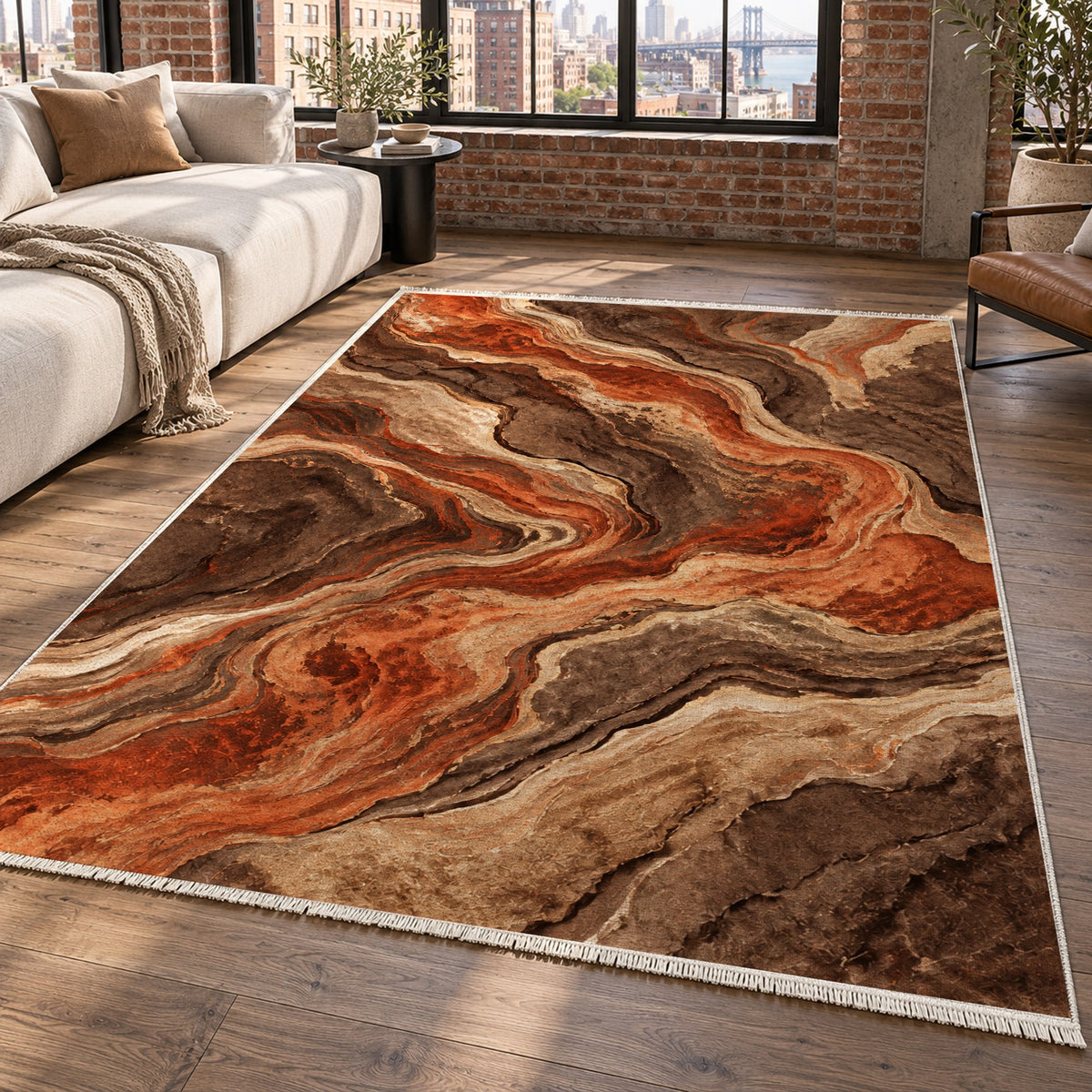 Volcanic Flow Terracotta Abstract Washable Rug — new york living
