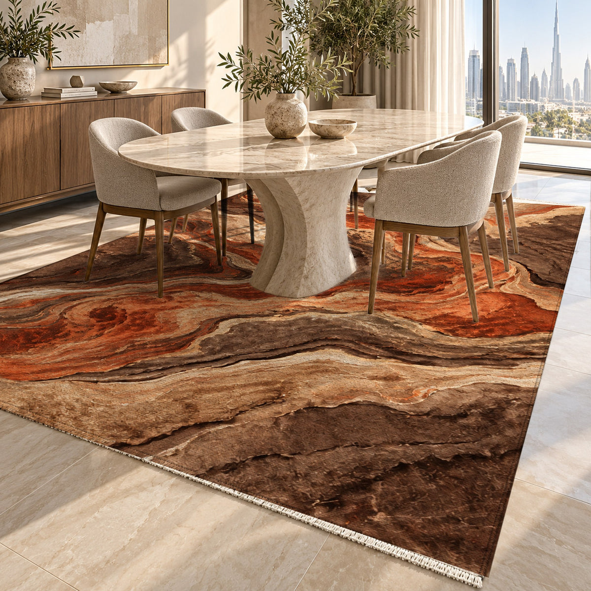 Volcanic Flow Terracotta Abstract Washable Rug — dubai dining