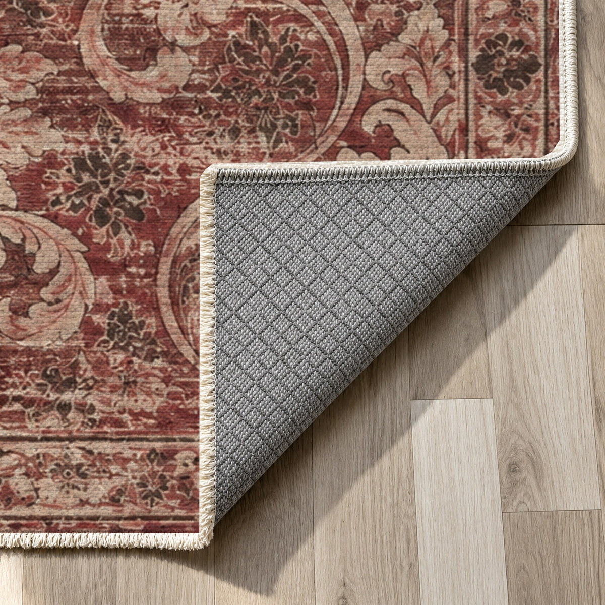Washed Damask Burgundy Red Vintage Washable Rug — backing close up