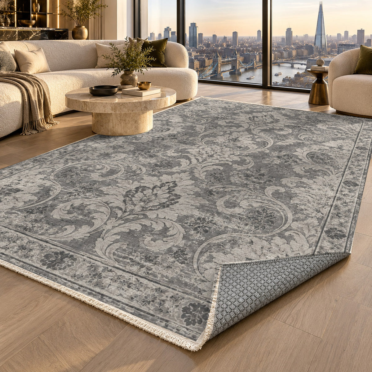 Washed Damask Charcoal Silver Vintage Washable Rug — london luxury living