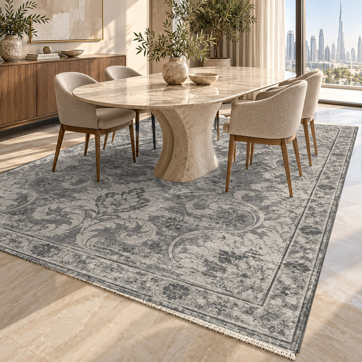 Washed Damask Charcoal Silver Vintage Washable Rug — dubai dining