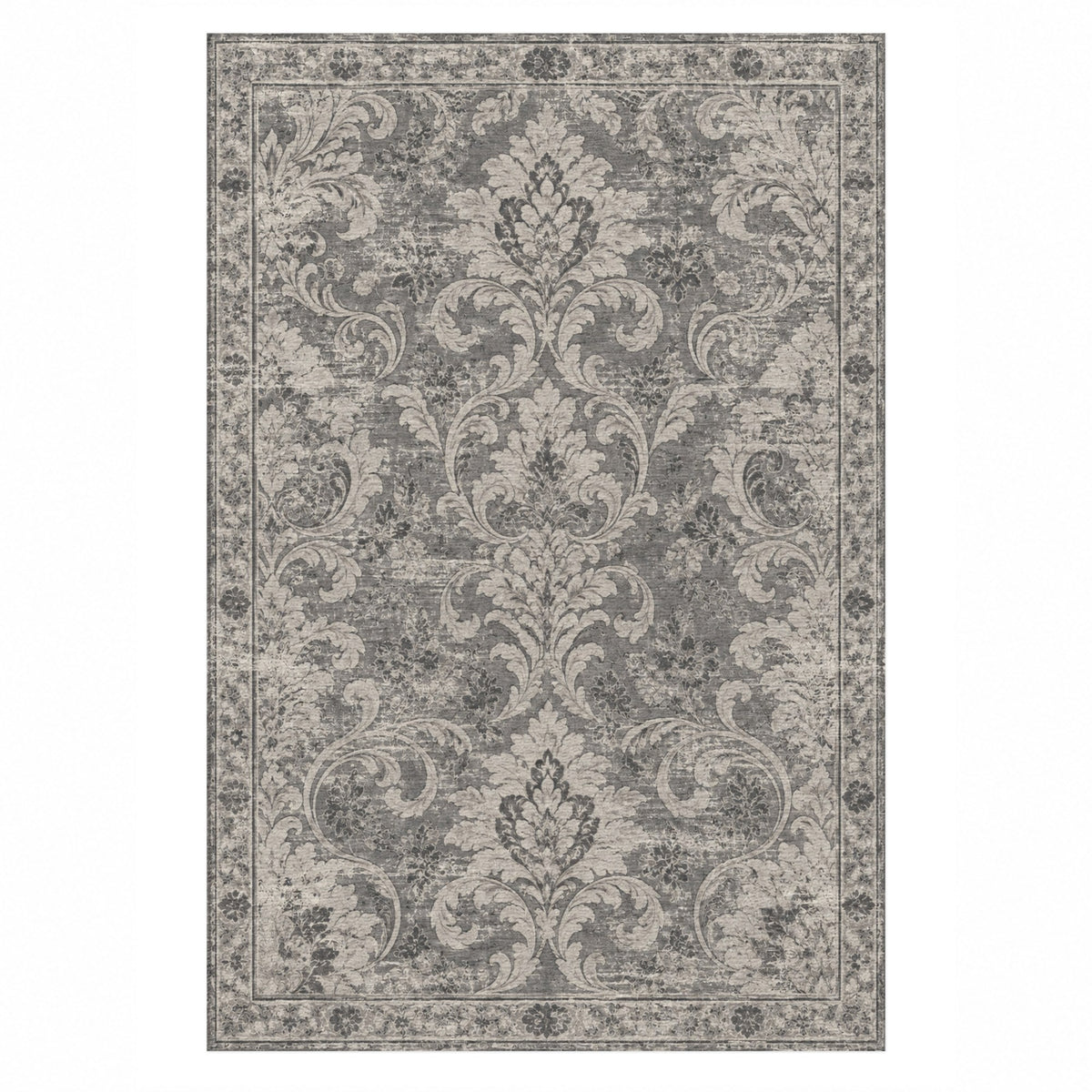 Washed Damask Charcoal Silver Vintage Washable Rug — top view