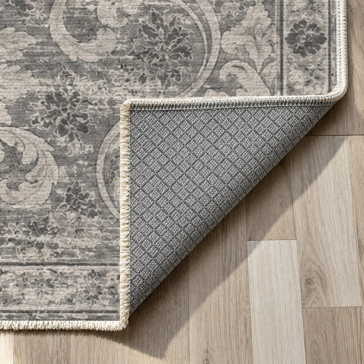 Washed Damask Charcoal Silver Vintage Washable Rug — backing close up