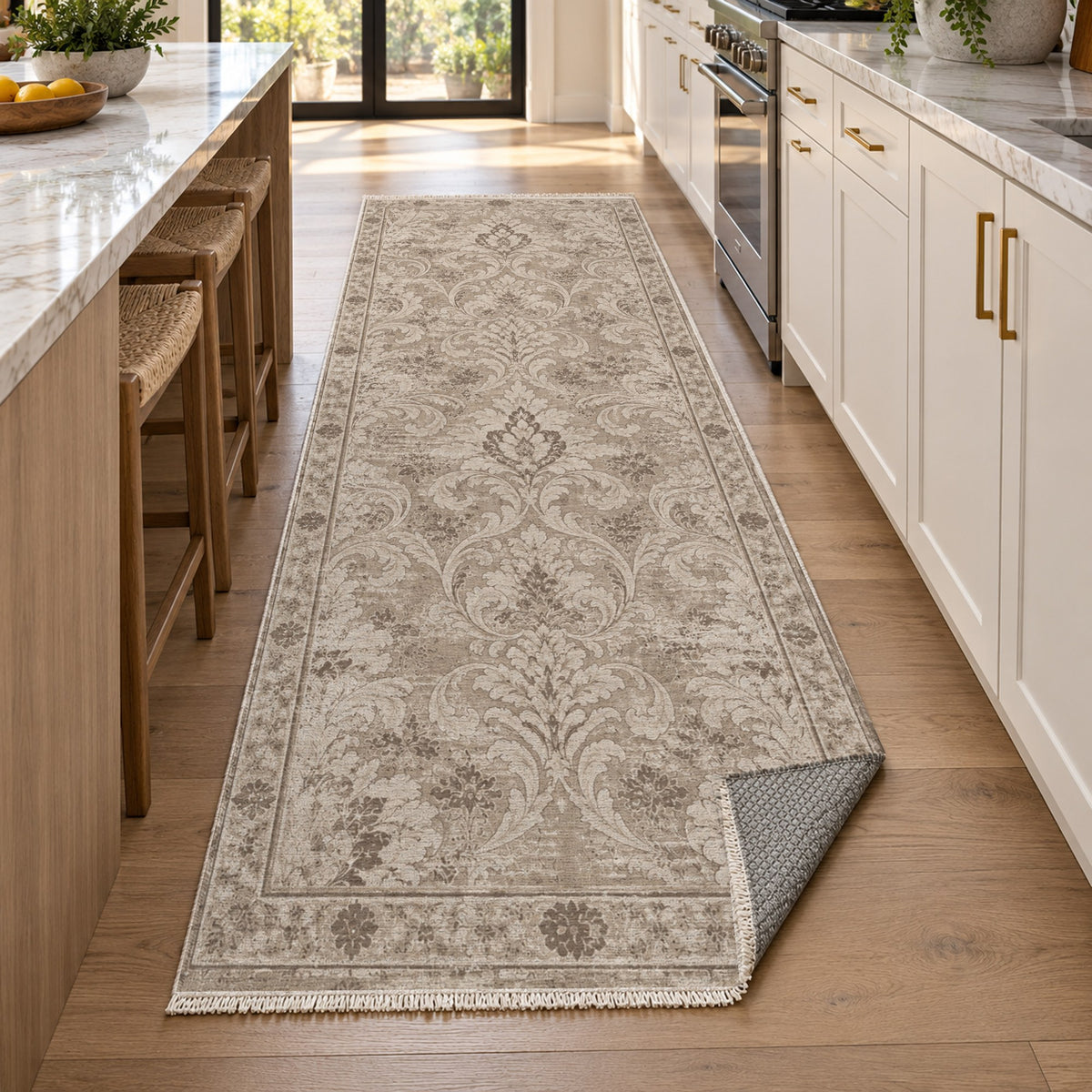 Washed Damask Ivory Taupe Vintage Washable Rug — new york kitchen runner