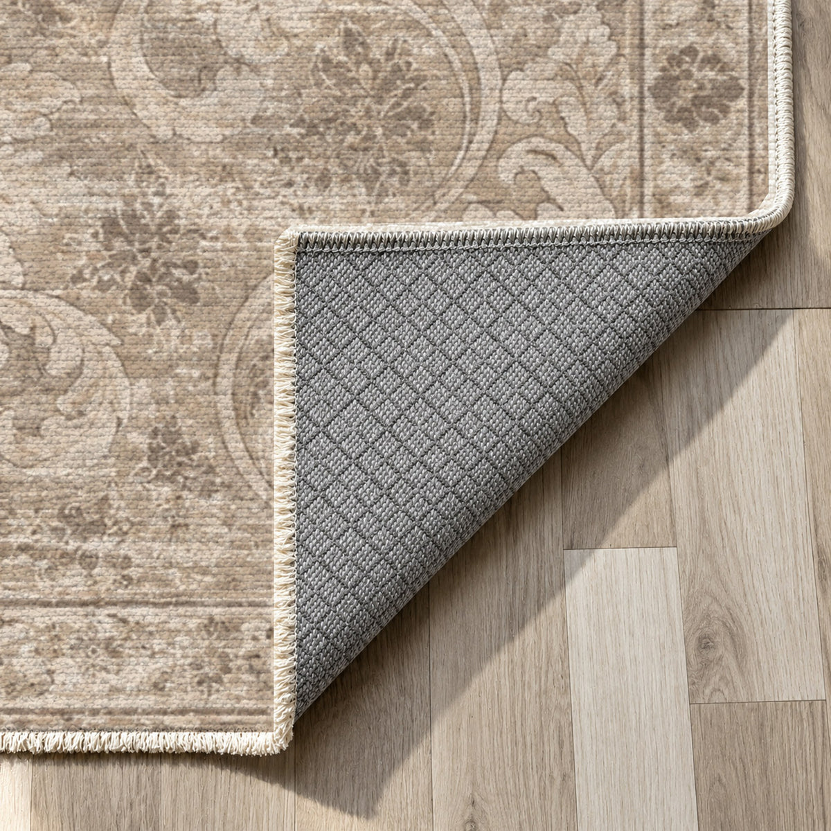 Washed Damask Ivory Taupe Vintage Washable Rug — backing close up