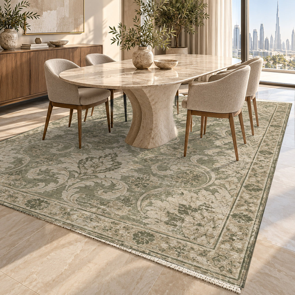 Washed Damask Olive Green Vintage Washable Rug — dubai dining