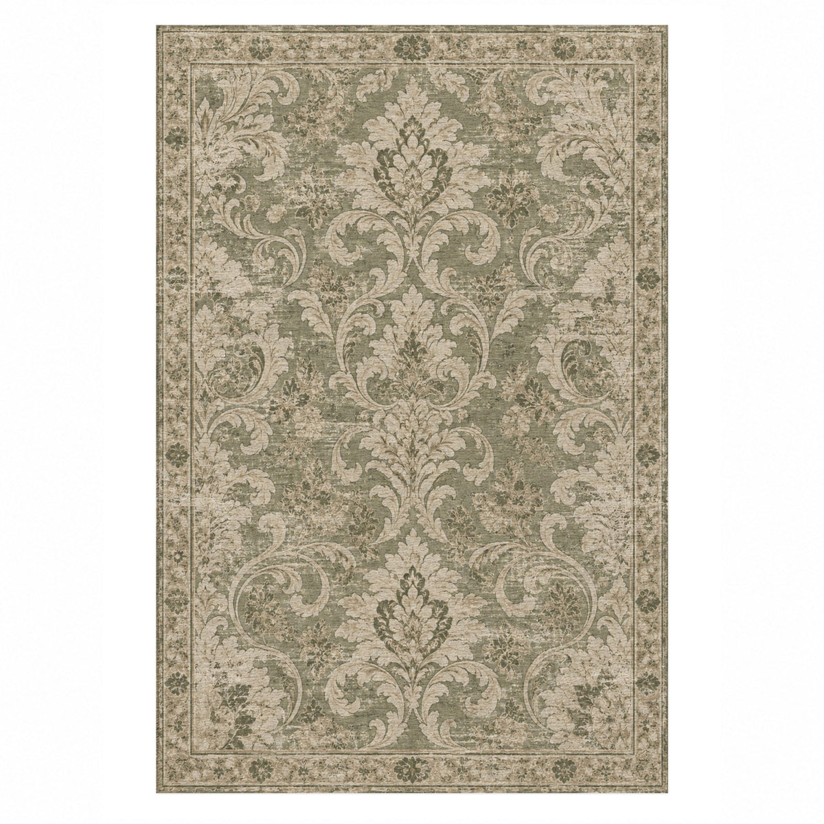 Washed Damask Olive Green Vintage Washable Rug — top view