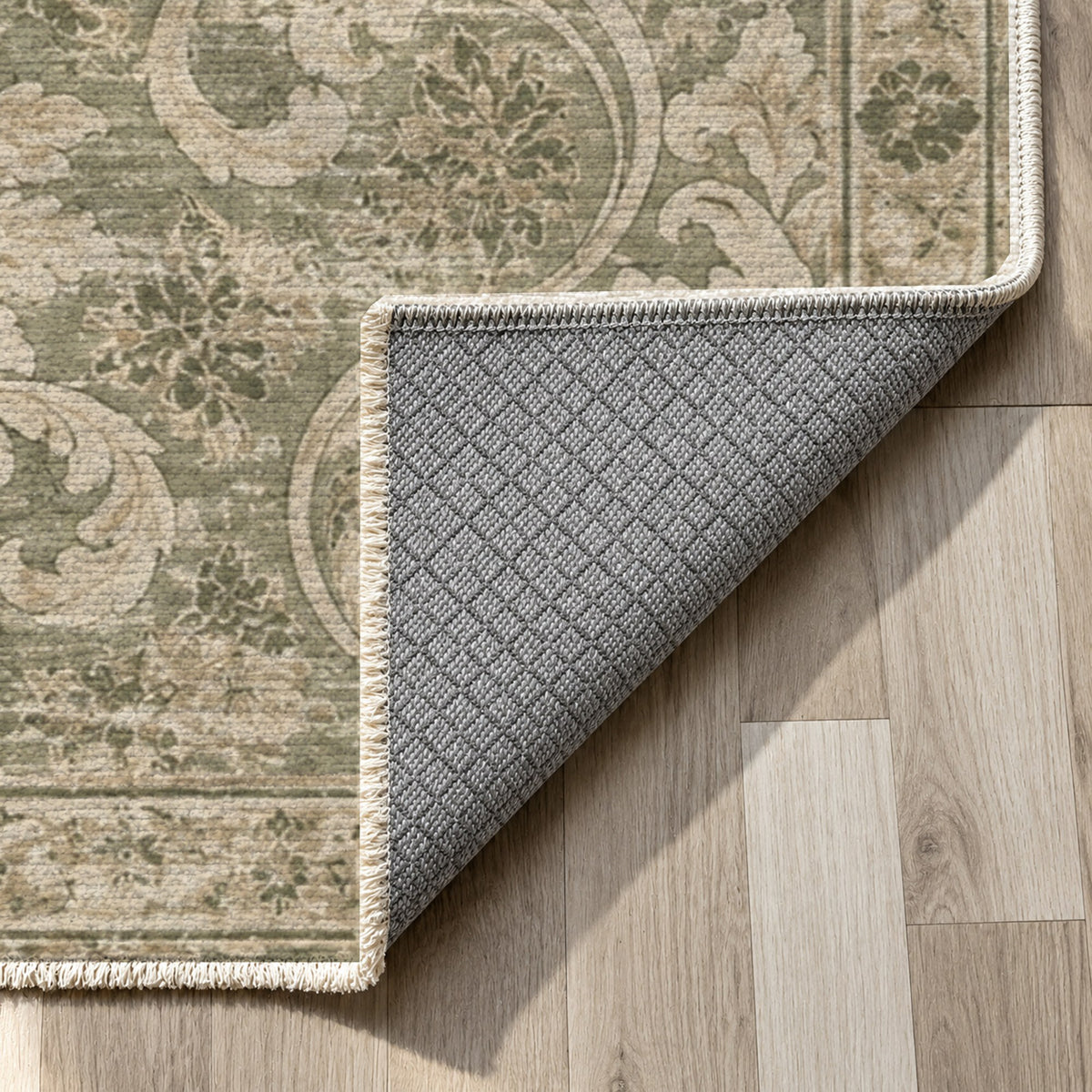 Washed Damask Olive Green Vintage Washable Rug — backing close up