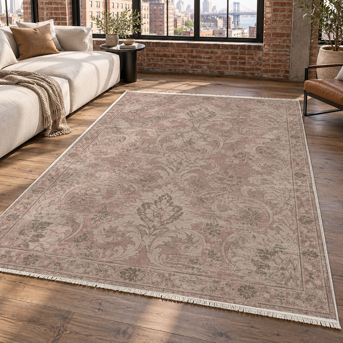 Washed Damask Rose Pink Vintage Washable Rug — new york living