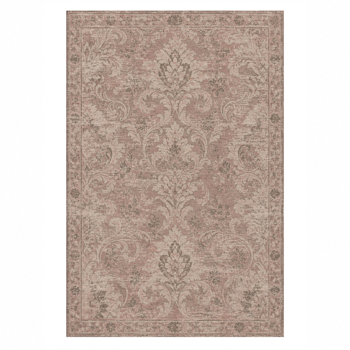 Washed Damask Rose Pink Vintage Washable Rug — top view