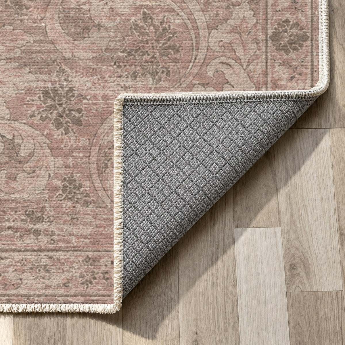 Washed Damask Rose Pink Vintage Washable Rug — backing close up